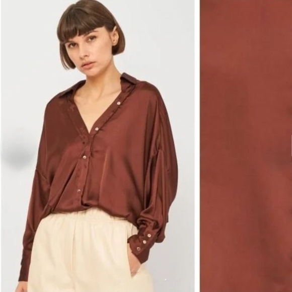 Zara Tops - Zara Satin Effect Blouse, With Garter Band,Brown, Women's Large